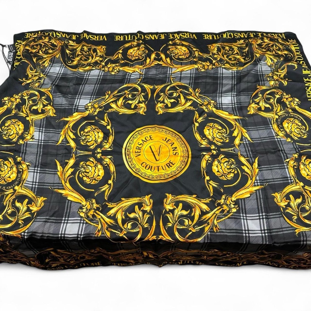 Versace Black and Gold Baroque Plaid Silk Scarf - Picture 3 of 8